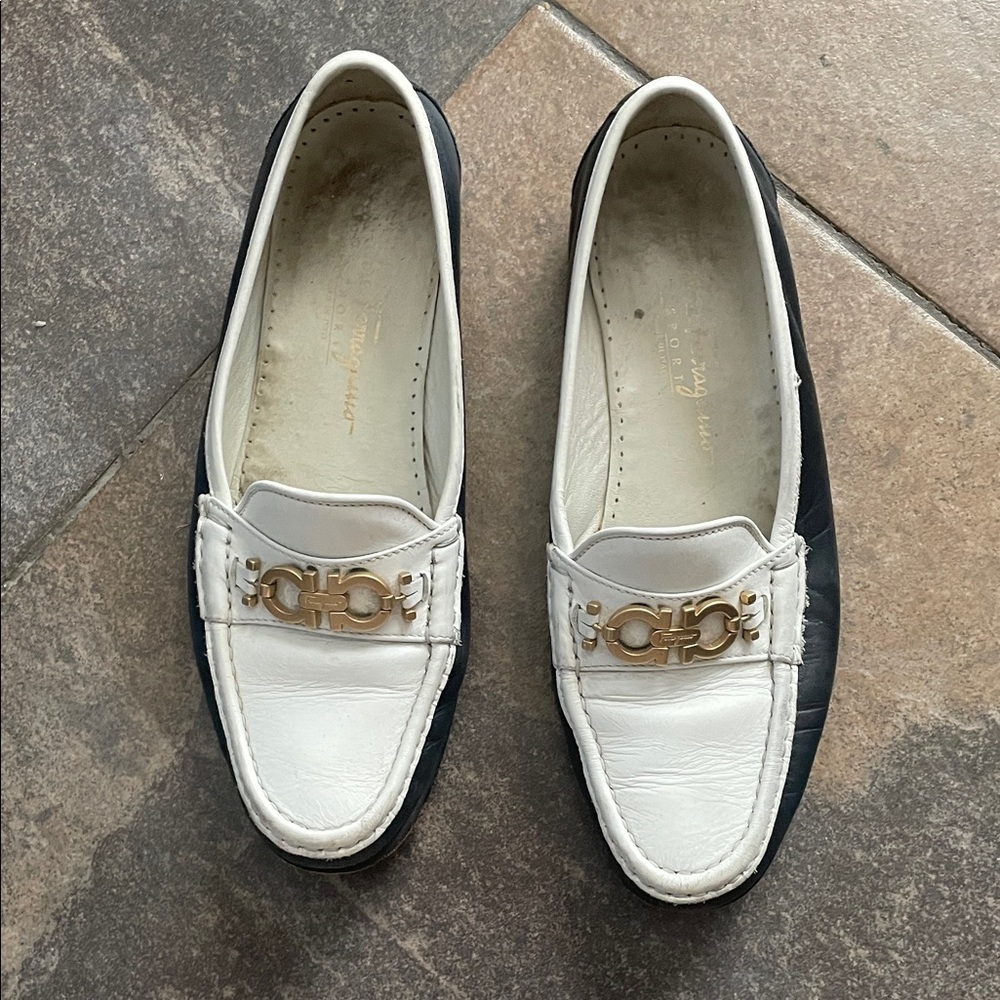 Salvatore Ferragamo White and Navy Loafers